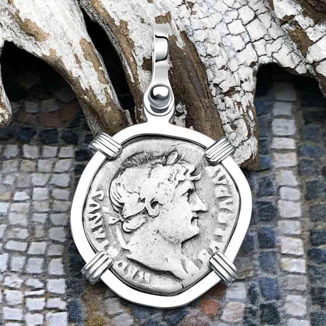 Roman Empire Silver Denarius Coin of Hadrian, the Builder 119 AD Sterling Silver Pendant