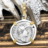 Roman Empire Silver Denarius Coin of Hadrian, the Builder 134 AD 14K Gold and Sterling Silver Pendant