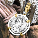 Roman Empire Silver Denarius Coin of Hadrian, the Builder 119 AD 14K Gold and Sterling Silver Pendant