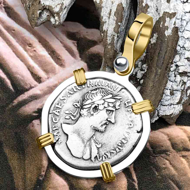 Roman Empire Silver Denarius Coin of Hadrian, the Builder 119 AD 14K Gold and Sterling Silver Pendant