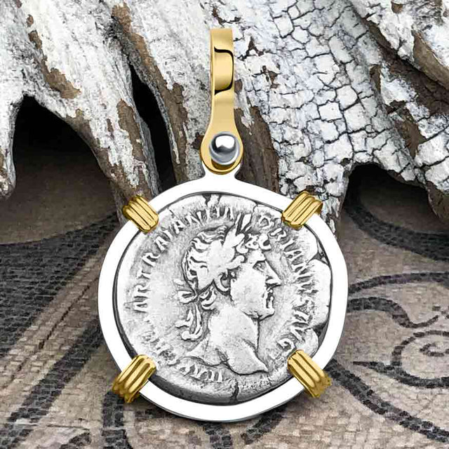 Roman Empire Silver Denarius Coin of Hadrian, the Builder 121 AD 14K Gold and Sterling Silver Pendant