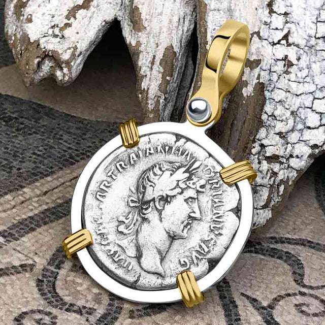 Roman Empire Silver Denarius Coin of Hadrian, the Builder 121 AD 14K Gold and Sterling Silver Pendant