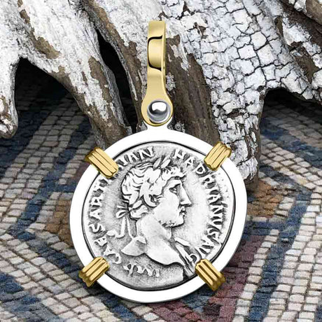 Roman Empire Silver Denarius Coin of Hadrian, the Builder 119 AD 14K Gold and Sterling Silver Pendant