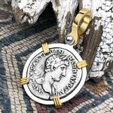 Roman Empire Silver Denarius Coin of Hadrian, the Builder 119 AD 14K Gold and Sterling Silver Pendant