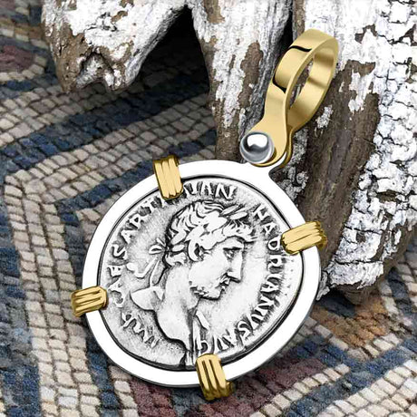 Roman Empire Silver Denarius Coin of Hadrian, the Builder 119 AD 14K Gold and Sterling Silver Pendant
