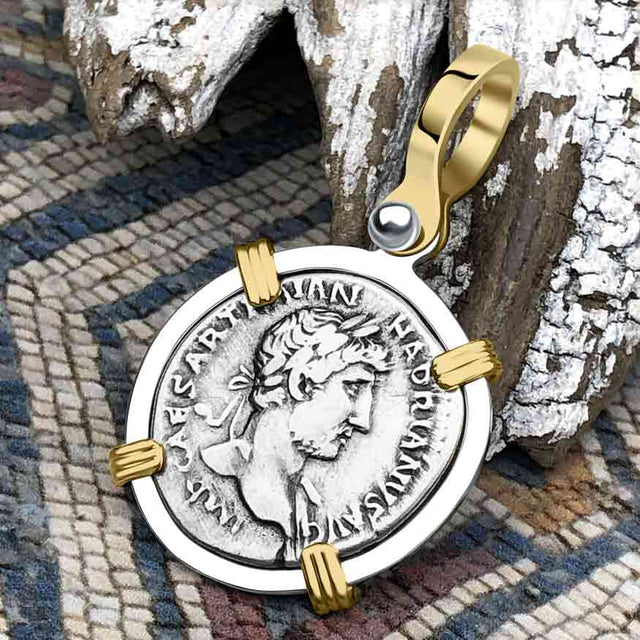 Roman Empire Silver Denarius Coin of Hadrian, the Builder 119 AD 14K Gold and Sterling Silver Pendant
