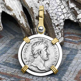 Roman Empire Silver Denarius Coin of Hadrian, the Builder 120 AD 14K Gold and Sterling Silver Pendant