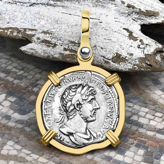Roman Empire Silver Denarius Coin of Hadrian, the Builder 121 AD 14K Gold Pendant