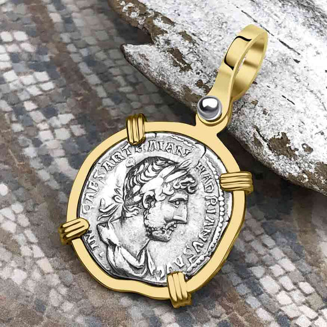 Roman Empire Silver Denarius Coin of Hadrian, the Builder 121 AD 14K Gold Pendant