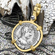 Roman Empire Silver Denarius Coin of Hadrian, the Builder 119 AD 14K Gold Pendant