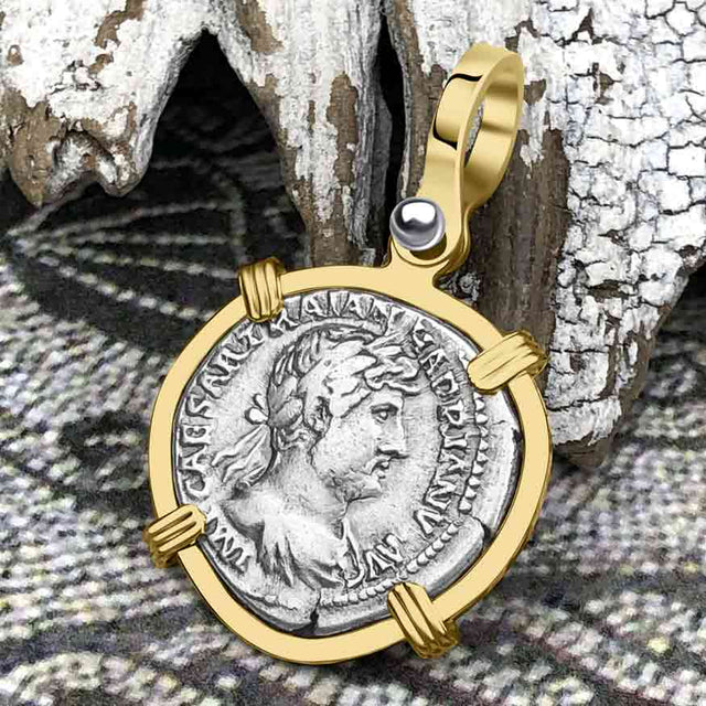 Roman Empire Silver Denarius Coin of Hadrian, the Builder 119 AD 14K Gold Pendant