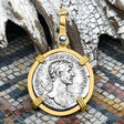 Roman Empire Silver Denarius Coin of Hadrian, the Builder 117 AD 14K Gold Pendant