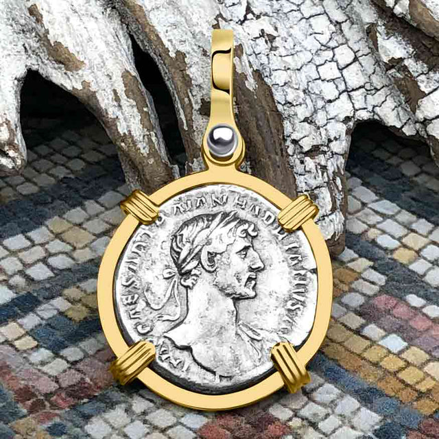 Roman Empire Silver Denarius Coin of Hadrian, the Builder 117 AD 14K Gold Pendant