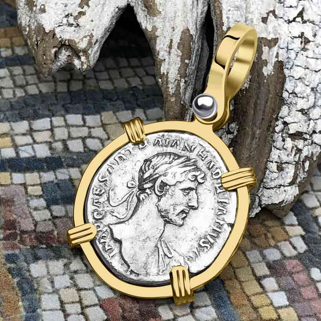 Roman Empire Silver Denarius Coin of Hadrian, the Builder 117 AD 14K Gold Pendant