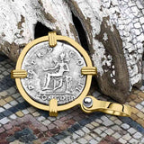 Roman Empire Silver Denarius Coin of Hadrian, the Builder 117 AD 14K Gold Pendant
