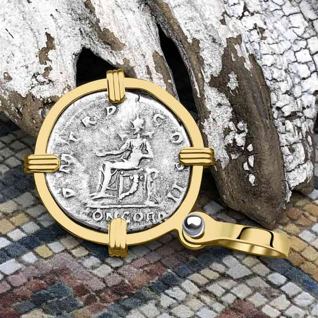 Roman Empire Silver Denarius Coin of Hadrian, the Builder 117 AD 14K Gold Pendant
