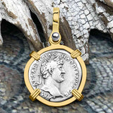 Roman Empire Silver Denarius Coin of Hadrian, the Builder 118 AD 14K Gold Pendant