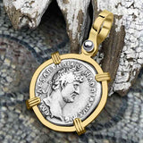 Roman Empire Silver Denarius Coin of Hadrian, the Builder 118 AD 14K Gold Pendant