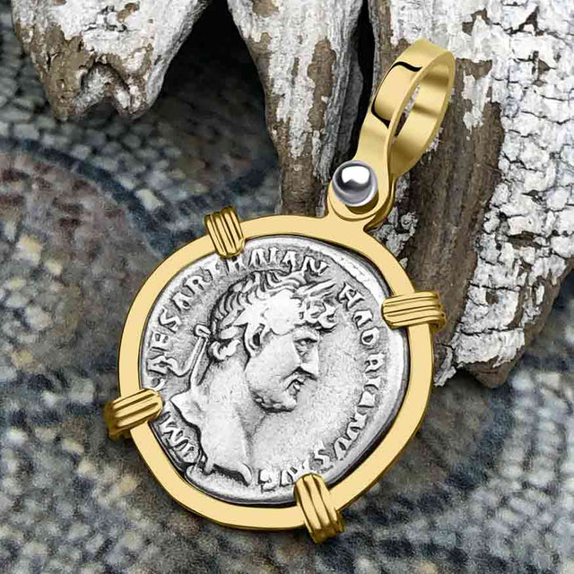 Roman Empire Silver Denarius Coin of Hadrian, the Builder 118 AD 14K Gold Pendant