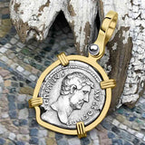 Roman Empire Silver Denarius Coin of Hadrian, the Builder 119 AD 14K Gold Pendant