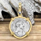 Roman Empire Silver Denarius Coin of Hadrian, the Builder 119 AD 14K Gold Pendant