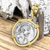 Roman Empire Silver Denarius Coin of Hadrian, the Builder 119 AD 14K Gold Pendant