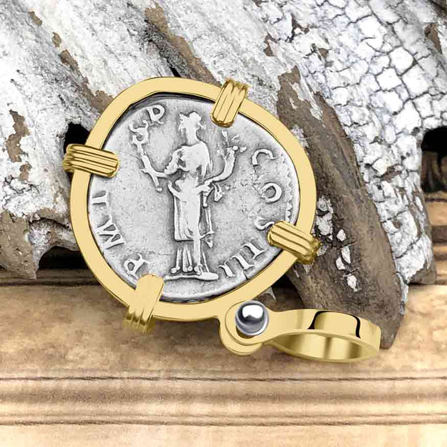 Roman Empire Silver Denarius Coin of Hadrian, the Builder 119 AD 14K Gold Pendant