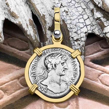 Roman Empire Silver Denarius Coin of Hadrian, the Builder 121 AD 14K Gold Pendant