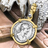 Roman Empire Silver Denarius Coin of Hadrian, the Builder 121 AD 14K Gold Pendant