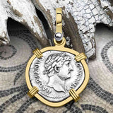 Roman Empire Silver Denarius Coin of Hadrian, the Builder 124 AD 14K Gold Pendant