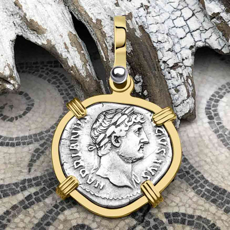 Roman Empire Silver Denarius Coin of Hadrian, the Builder 124 AD 14K Gold Pendant