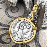 Roman Empire Silver Denarius Coin of Hadrian, the Builder 124 AD 14K Gold Pendant