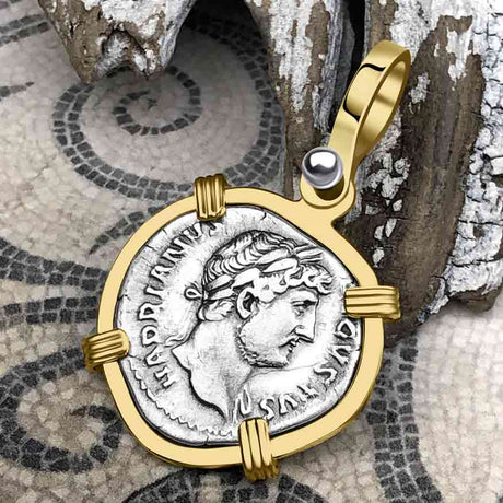 Roman Empire Silver Denarius Coin of Hadrian, the Builder 124 AD 14K Gold Pendant