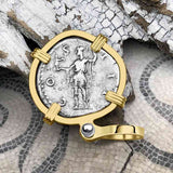 Roman Empire Silver Denarius Coin of Hadrian, the Builder 124 AD 14K Gold Pendant