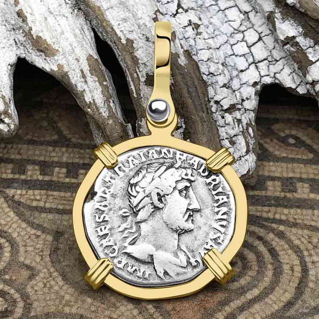 Roman Empire Silver Denarius Coin of Hadrian, the Builder 119 AD 14K Gold Pendant
