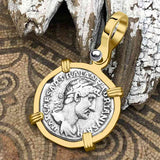 Roman Empire Silver Denarius Coin of Hadrian, the Builder 119 AD 14K Gold Pendant