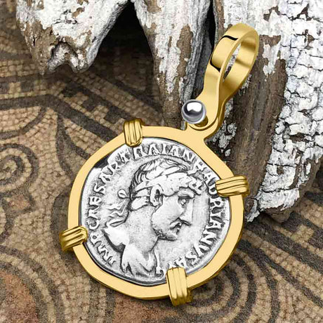 Roman Empire Silver Denarius Coin of Hadrian, the Builder 119 AD 14K Gold Pendant