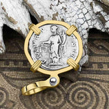 Roman Empire Silver Denarius Coin of Hadrian, the Builder 119 AD 14K Gold Pendant
