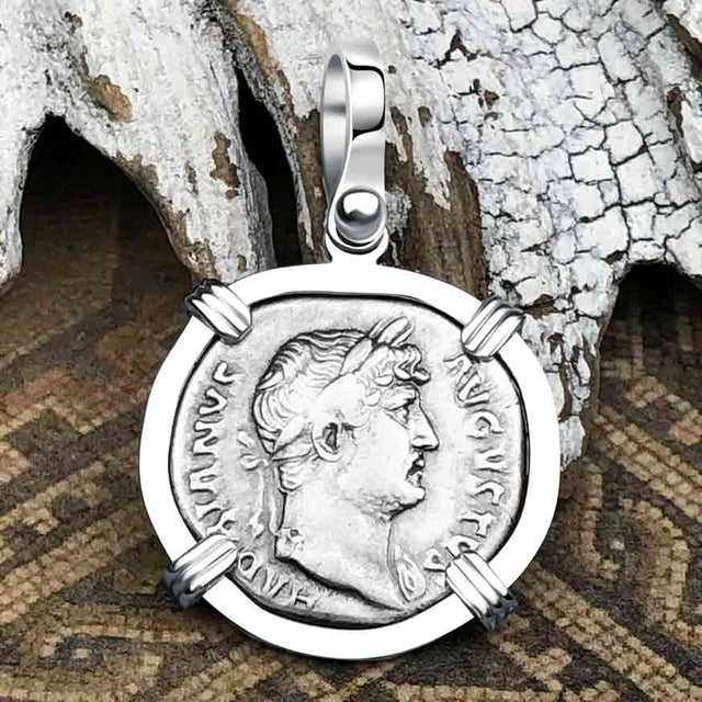 Roman Empire Silver Denarius Coin of Hadrian, the Builder 124 AD 14K White Gold Pendant | Artifact #4899