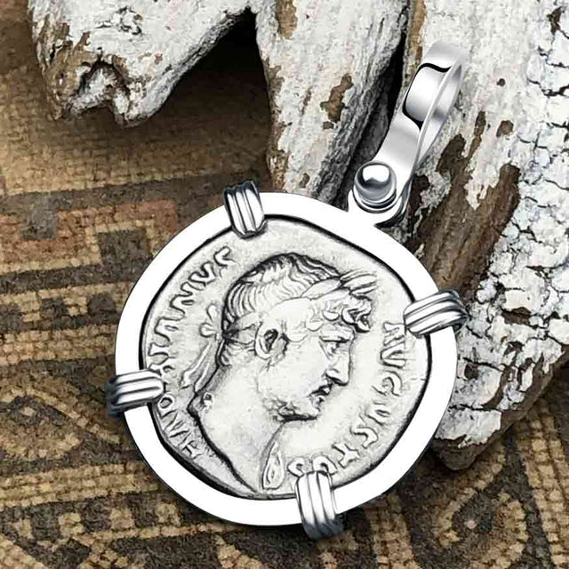 Roman Empire Silver Denarius Coin of Hadrian, the Builder 124 AD 14K White Gold Pendant | Artifact #4899