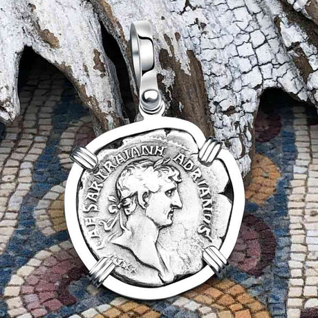 Roman Empire Silver Denarius Coin of Hadrian, the Builder 119 AD 14K White Gold Pendant