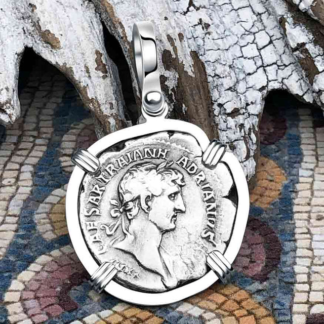 Roman Empire Silver Denarius Coin of Hadrian, the Builder 119 AD 14K White Gold Pendant