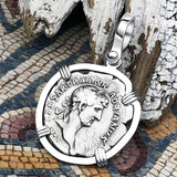Roman Empire Silver Denarius Coin of Hadrian, the Builder 119 AD 14K White Gold Pendant
