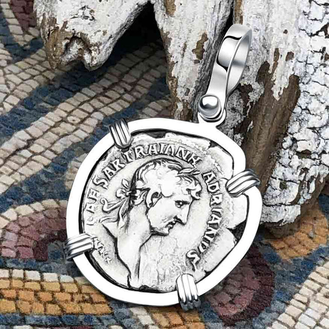 Roman Empire Silver Denarius Coin of Hadrian, the Builder 119 AD 14K White Gold Pendant