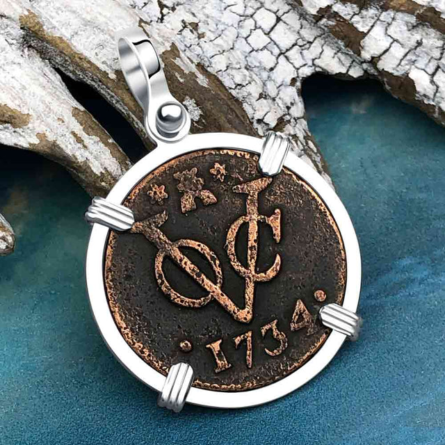 VOC - Dutch East India Company Shipwreck - I Struggle and Survive - 1734 1 Duit Sterling Silver Pendant
