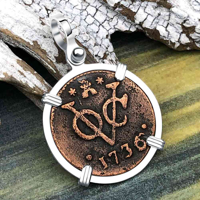 VOC - Dutch East India Company Shipwreck - I Struggle and Survive - 1736 1 Duit Sterling Silver Pendant