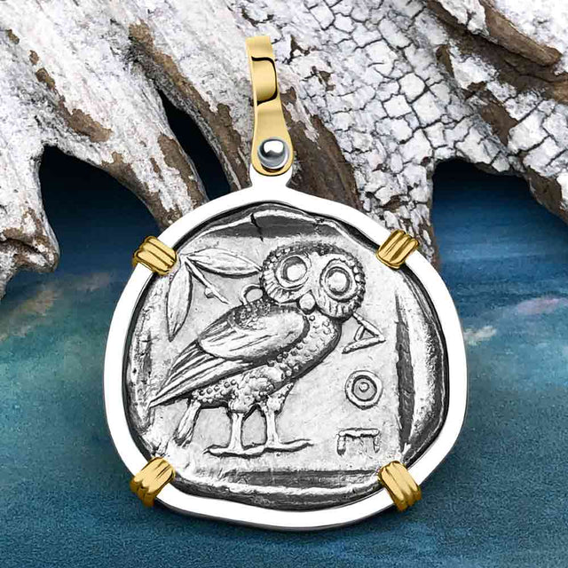 Ancient Greek Athena and the Owl Silver Tetradrachm circa 450 BC 14K Gold and Sterling Silver Pendant