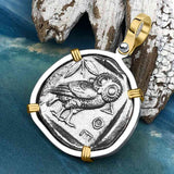 Ancient Greek Athena and the Owl Silver Tetradrachm circa 450 BC 14K Gold and Sterling Silver Pendant