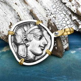 Ancient Greek Athena and the Owl Silver Tetradrachm circa 450 BC 14K Gold and Sterling Silver Pendant