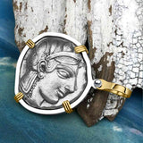 Ancient Greek Athena and the Owl Silver Tetradrachm circa 450 BC 14K Gold and Sterling Silver Pendant